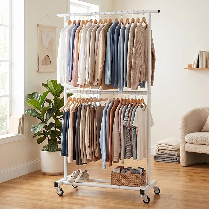 Sywhitta Double Rod Metal Clothing Garment Rack on Wheels, White | Rolling Clothes Organizer, for Hanging Clothes,Coats,Easy to Assemble,Space-Saving,Mobile Organizer for Closet