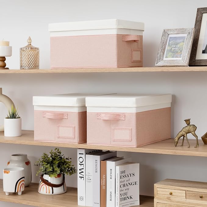 GRANNY SAYS Storage Bins with Lids, Storage Boxes for Organizing, Storage Baskets with Label, Closet Organizers and Storage, Storage Bins for Shelves, Decorative Storage Boxes, 3-Pack, Pink&Ivory