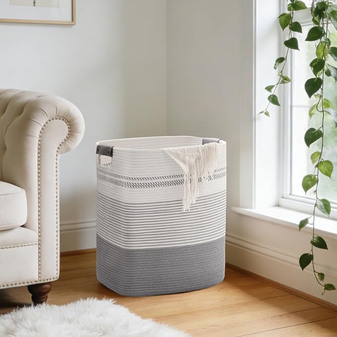 85L Tall Woven Laundry Basket Hamper with Leather Handles,Grey | collapsible wicker hamper, storage for dirty clothes, toys, blankets, gifts, living room, bedroom, bathroom, 17"x14"x22"