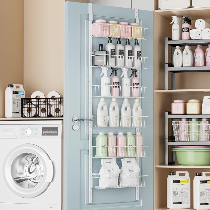 Delamu Adjustable Cabinet Door Organizer, 6-Tier Hanging Spice Rack Organizer, Metal Over the Door Pantry Organizer, Pantry Organizers and Storage Shelves for Kitchen Bathroom Laundry Room, White M