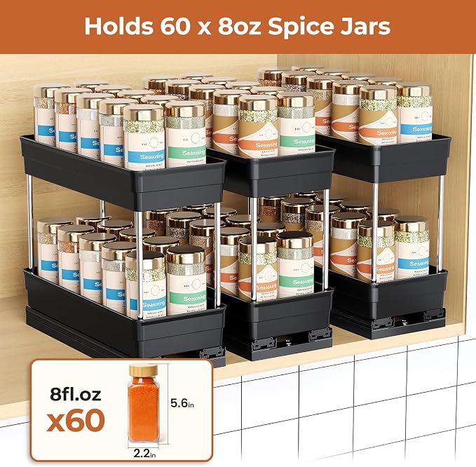 Pull Out Spice Rack Organizer for Cabinet, 3 Pack 2 Tier Sliding Spice Rack | Dual Rail, Slide Out Seasoning Organizer for Kitchen Cabinets, No Drill Installation, Space Saving Cabinet Storage Organizer