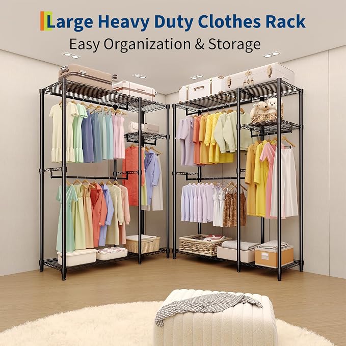 Heavy Duty Garment Rack 700LBS Load Clothes Rack for Hanging Clothes Wardrobe Closet with Adjustable Shelves & 2 Hanging Rods 43" D x 15" W × 76'' H Black