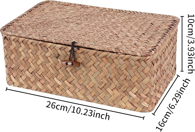 FEIALNDUO Wicker Shelf Baskets with Lid,Seagrass Storage Basket Bins Rectangular Handwoven Basket Boxes for Shelves Desktop Home Organizer (Coffee, Small)