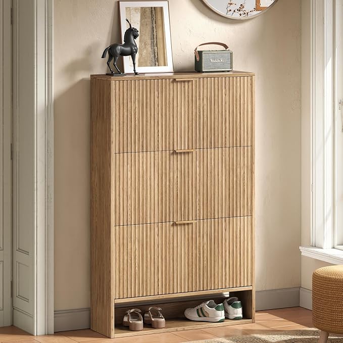 Hootata Oak Tall Shoe Storage Cabinet for Entryway with 3 Flip Drawers, Fluted Slim Shoe Cabinet, Free Standing Wooden Shoes Organizer for Foyer, Hallway