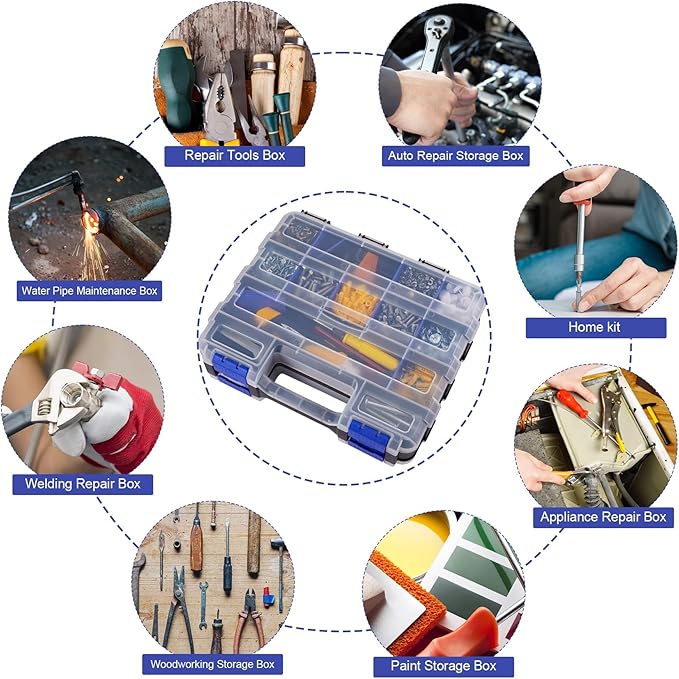 Hardware Organizer Box with 34 Compartments & Removable Dividers - Durable Plastic Double Side Tools Box for Nuts, Bolts, Screws, Nails & Small Hardware (Blue)
