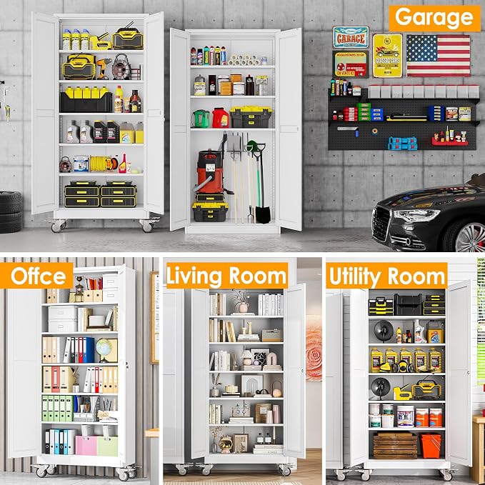 PAOFIN 75''H Metal Garage Storage Cabinet with Wheels,Steel File Cabinets with 2 Doors and 5 Adjustable Shelves for Home Office, Warehouse, Required Assembly,White