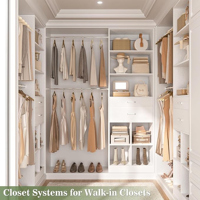Besiost Closet System, 4-8 FT Closet Organizer Tower with 2 Wooden Drawers and 5 Hanging Rods, Can Fit 60 to 96 inch Walk-in Closet System, White