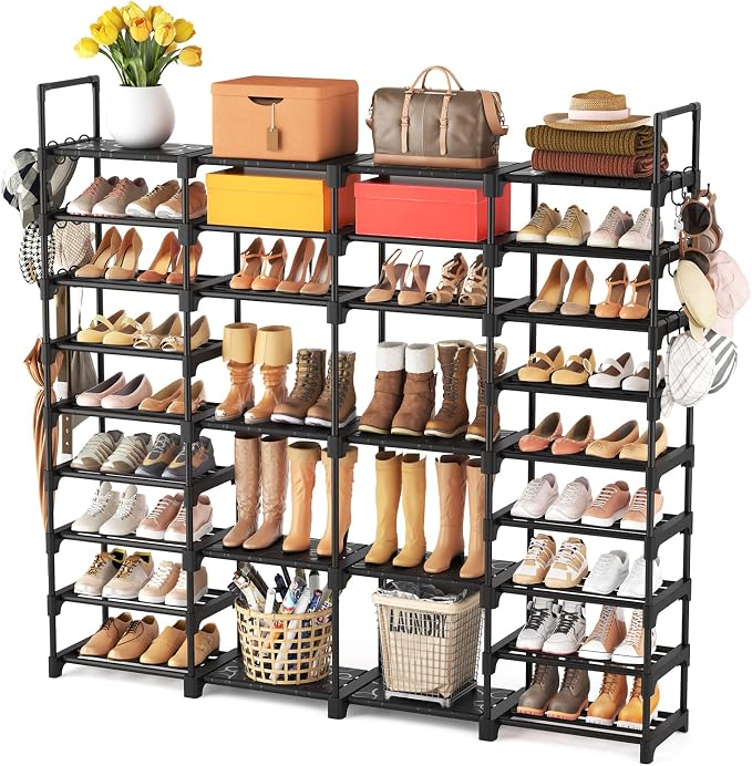 ROJASOP Large Shoe Rack Organizer for Entryway Closet 64-68 Pairs 9-Tier Heavy Duty Tall Garage Shoe Rack Shoe Shelf Shoes Storage with 18 Pcs Removable Side Hooks for Bedroom and Garage Black