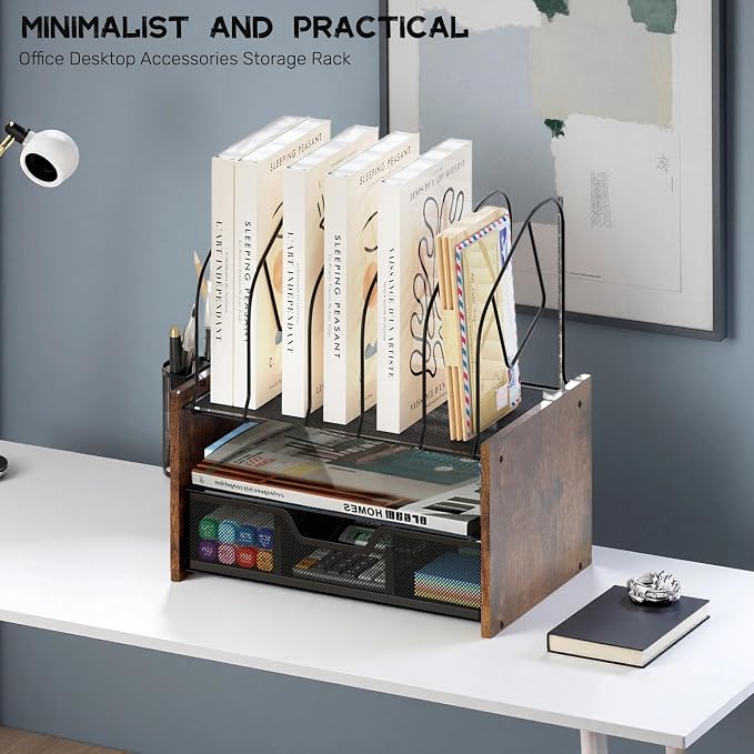 Desk Organizer with Drawer, Desktop File Organizer and Paper Tray Organizer with Vertical File Holder, Office Desk Accessories for Mail, Documents, Papers, Notebooks and Home Office Storage