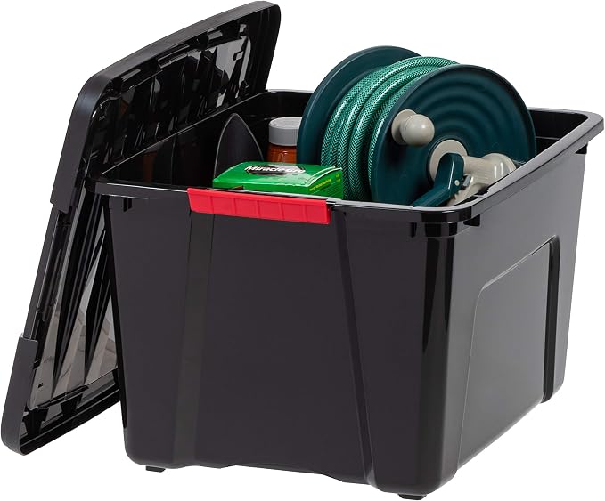 IRIS USA 4-Pack 40 Quart Storage Bins with Lids, Black | Black finish conceals stored items. Perfect for moving, blankets, clothing, and garage storage. Nestable design saves space
