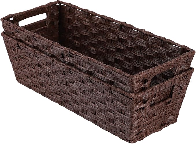 Onlytak Plastic Wicker Storage Baskets - Toilet Tank & Bathroom Baskets, Woven for Organizing, Brown, 15¾" x 6¾" x 4¾", 2-Pack