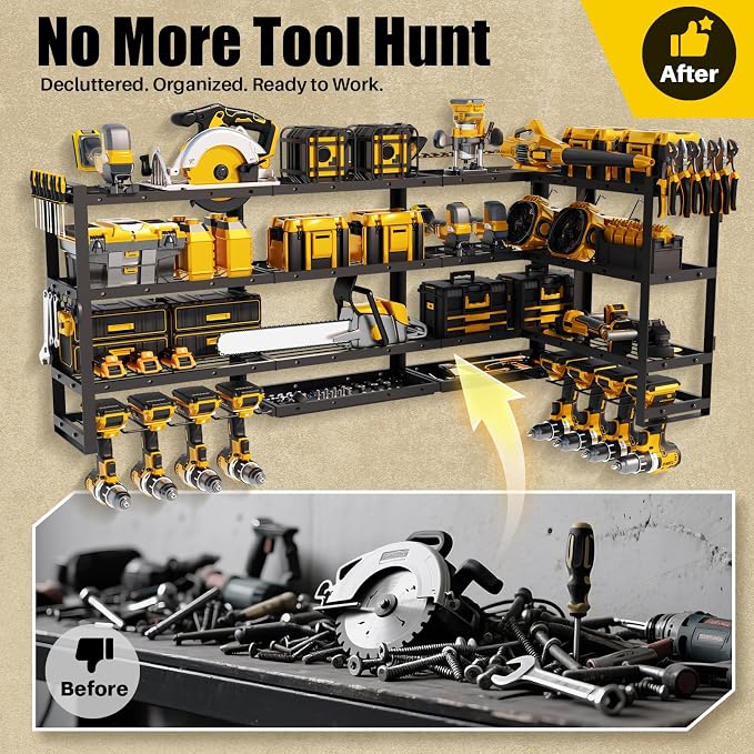 XLarge 64''W Power Tool Organizer Wall Mount | Modular&Corner-Fit 820lbs Garage Storage Rack with 8 Cordless Drill Holder | 4-Tier Heavy Duty Utility Shelf for Battery Workshop Organization