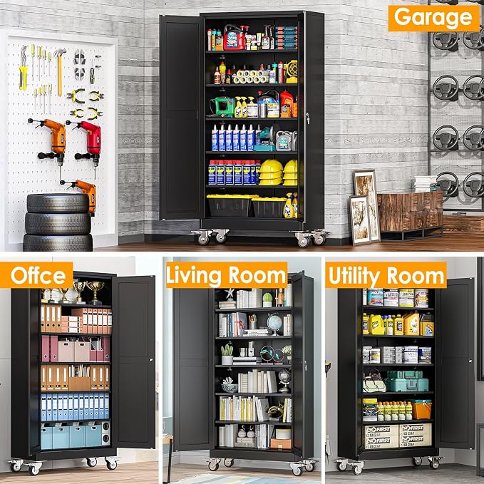 PAOFIN Metal Garage Storage Cabinet with Wheels,Steel Lockable File Cabinets with 2 Doors and 5 Adjustable Shelves,74" H Locking Tool Cabinets for Home Office, Warehouse, Required Assembly,Black