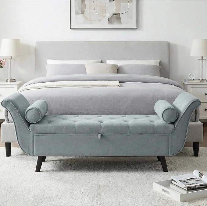 End of Bed Storage Bench for Bedroom, 65" King Size Velvet Storage Bench with 2 Pillows, Upholstered Rolled Armed Button Tufted Sofa Ottoman Bench, Long Narrow Bench for Entryway (Gray)
