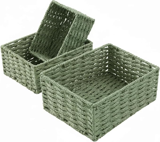 Small Wicker Basket for Organizing, Woven Storage Basket Set of 3 - Handwoven Natural Paper Rope Baskets to Declutter Any Room, Perfect for Organizing and Home Decor (Green)