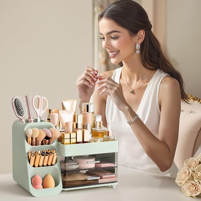 HBlife Makeup Organizer with Brush Holder for Vanity, Large Plastic Bathroom Countertop Organizer Skin Care Storage, Easy to Store Lipsticks, Nail Polishes, Perfumes, Eyeshadow Palettes, Green