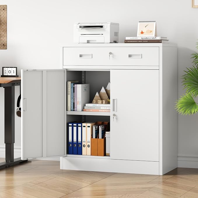 Metal Storage Cabinet, 36" Locking Cabinet with Adjustable Shelves for Garage, Office (White, 1 Drawer)