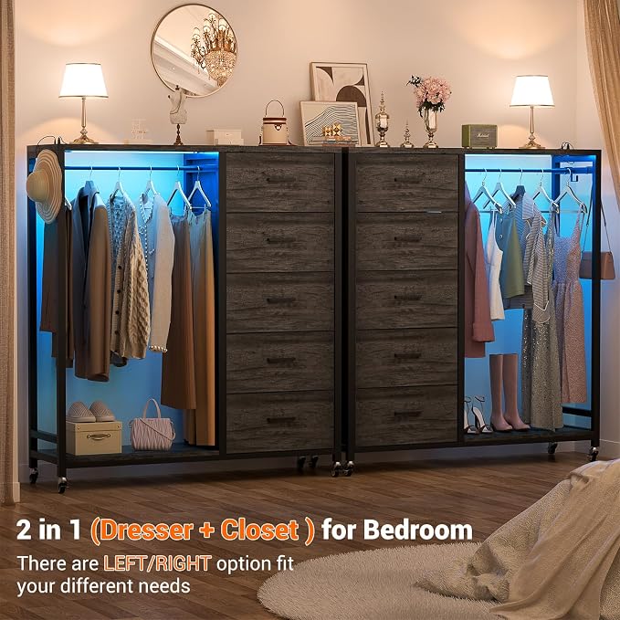 Cyclysio Storage Clothes Rack with 5 Drawers, Garment Rack with Charging Station & LED Lights, Fabric Chest Shelves Clothing Rack, Wooden Portable Wardrobe Closet