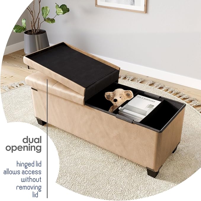 Storage Ottoman Bench with Bins, 43-in Storage Bench for Bedroom End of Bed, Folding Foot Rest Ottoman for Living Room Max 660lbs, Leather Ottomans, Taupe