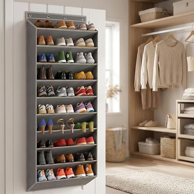 30 Pairs Over the Door Shoe Organizer, Extral Large Hanging Shoe Rack Storage for Closet, 10-Tier Heavy Duty Shoe Holder for Boots Sneakers (Grey)