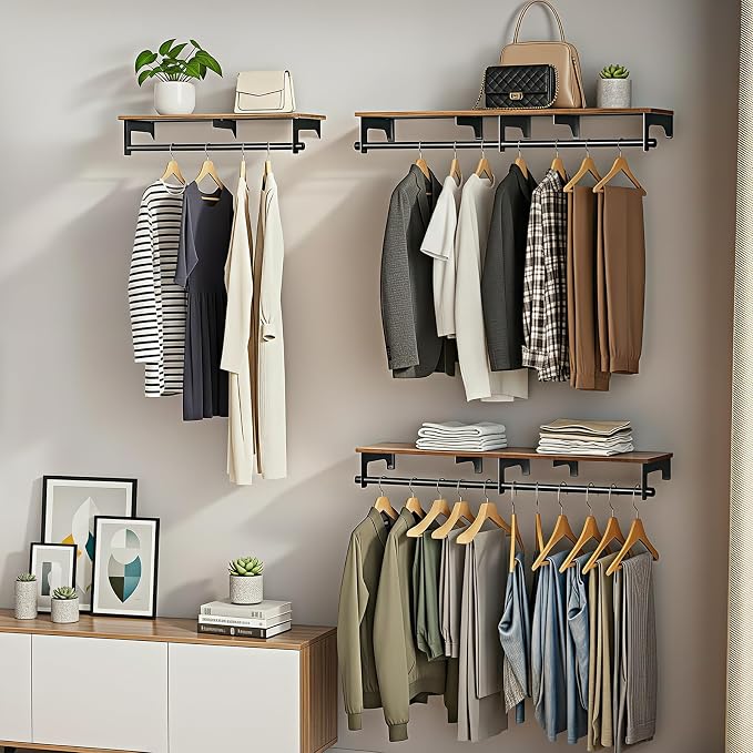 Luxspire 43.3" Wall Mount Clothes Rack with Wood Top Shelf Hanging Clothes | Black + brown, heavy duty rust-resistant metal, extra top shelf decor storage, easy install on wood brick walls
