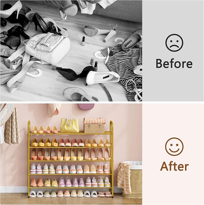 Hoctieon 5 Tier Shoe Rack for Closet, Durable Mesh Style Shoe Rack, Entryway Shoe Shelf, Shoe Storage Organizer for Hallway, Bedroom, Living Room, Wardrobe, Gold