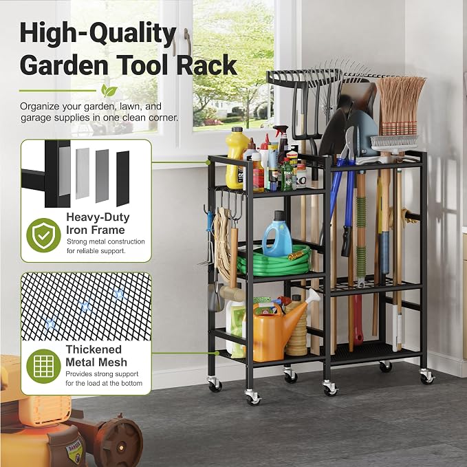 keomaisyto Garden Tool Organizer with 6 Industrial Wheels & Large Hooks | Rolling Yard Tool Storage Rack with 35 Slots, Heavy Duty Garden Tool Holder with Shelves for Garage, Shed, Outdoor Lawn