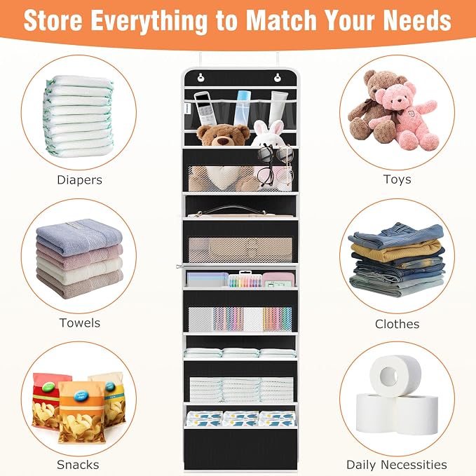 Over The Door Organizer Storage Large Capacity Hanging Bedroom Storage | 6 Shelves, Detachable, 40 LB Capacity, Mesh Design, Clear Window, Sturdy, Storage Organizer for Nursery, Pantry & Closet