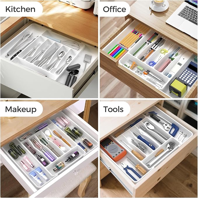 ukeetap Extra Large Expandable Silverware Organizer, BPA-Free Food-Safe Cutlery Flatware Organizer, Kitchen Utensil Drawer Organizer, Adjustable Silverware Holder for Spoons Forks Knives, White