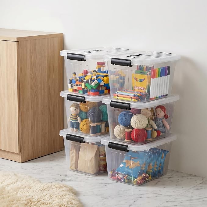 Citylife 7 Qt Clear Plastic Storage Bins with Lids and Handle Small 6 Pack | Stackable See-Through Craft Storage Box Latches Durable Containers Secure Pull Handle Organizing for Home Kitchen pantry