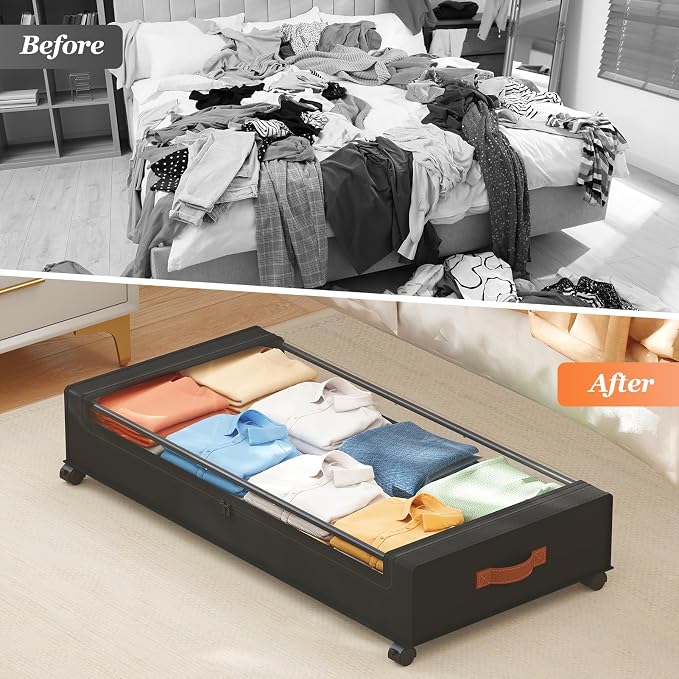Yecaye 70 L Under Bed Storage with Wheels, 3 Pack Larger Capacity Under Bed Storage Containers, Underbed Shoe Storage Organizer, Rolling Under Bed Metal Drawers for Clothes, Blankets, Black