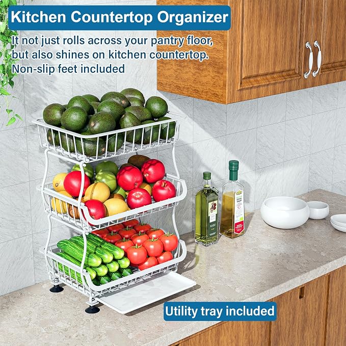 OKZEST 3-Tier Rolling Pantry Floor Organizer and Storage Cart with Wheels, Stackable Wire Pantry Baskets for Pantry Shelves, Kitchen Storage Rack and Fruit Basket Stand for Fruit Snack Onion Potato