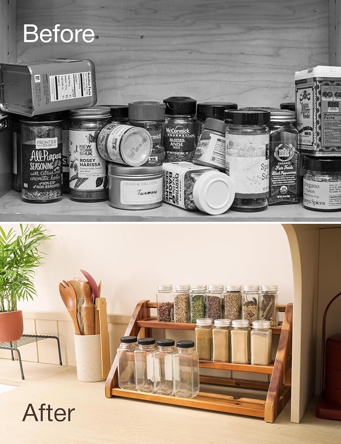 Tinamo Acacia Wood Spice Rack for Countertop - Wooden Tray Holds 24 Jars Spice Racks Organizer for Storage Shelf - 3 Tiered Spice Rack Organizer for Cabinet - Spice Shelf for Kitchen Pantry (Acacia) | Acacia Wood, 3-tier Spacious Design for 24 Spice Ja...