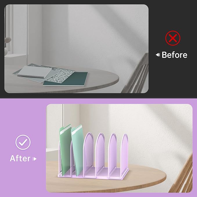 SUPEASY File Organizer 5-Section Mesh Desk Organizer, Upright File Organizer Desktop Organizer File Sorter, File Folder Holder for Office Supplies, Purple | 5 Vertical Compartments with Sturdy Metal Base for Office Documents Books Magazines and Laptop