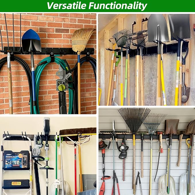 Garage Wall Organizer, 96 in Garden Tool Organizer with 12 Adjustable Hooks | 720 LBS Load, Wear & Tear Resistant, Soft Anti-Scratch Hook Sleeves, 3 Extra Storage Straps, For Garden Lawn & Shed Tools