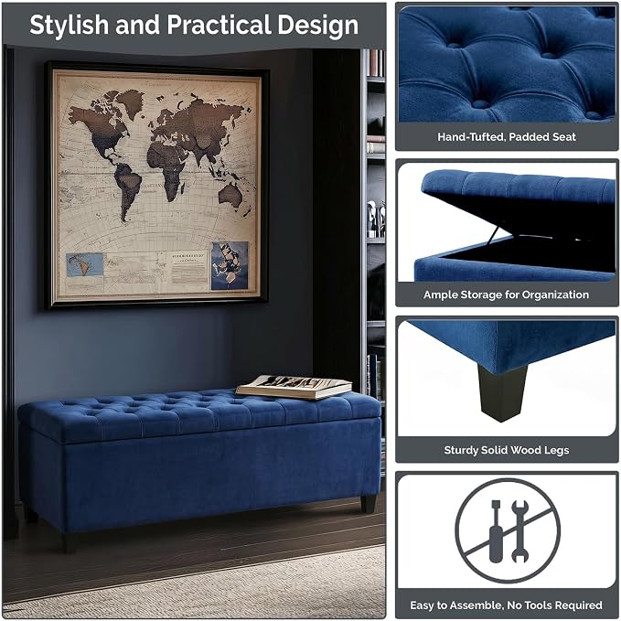 Madison Park 49" Upholstered Storage Bench, Button Tufted End of Bed Bench with Storage, Dual Spring Soft-Close Lid, Bedroom Bench for Queen King Bed, Entryway Living Room, Navy