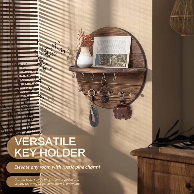 Rebee Vision Pine Wood Round Key Holder Wall Mount for Home Decor, Brown | Round Corner, Key Hooks for Dog leashes & Sunglasses, Display Shelf for Plant & Letters, Mail Organizer, Home Essentials