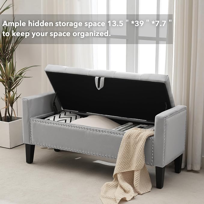 Velvet Storage Ottoman Bench, 46'' Upholstered Button Tufted End of Bed Bench, Modern Storage Bench for Bedroom, Living Room, Entryway, Grey