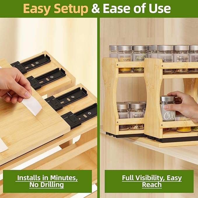 BAMEOS Pull Out Spice Rack Organizer for Cabinet, Bamboo Wide 9" Slide Out Seasoning Organizer for Kitchen, No Drill Anti-Tip Ball Bearing Silent Glides, Pantry Cabinet Organizer, Natural