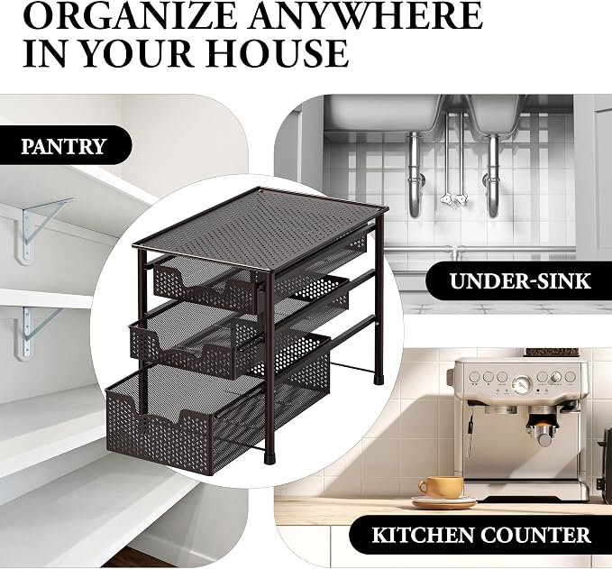 Simple Houseware Stackable 3 Tier Sliding Basket Organizer Drawer, Bronze