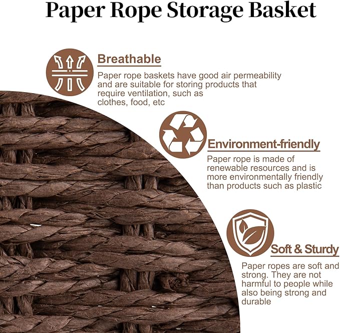 OIAHOMY Scalloped Wicker Baskets, Hand-woven Storage Baskets with Built-in Handles, Paper Rope Shelf Baskets for Organizing and Decoration, Set of 3-Brown