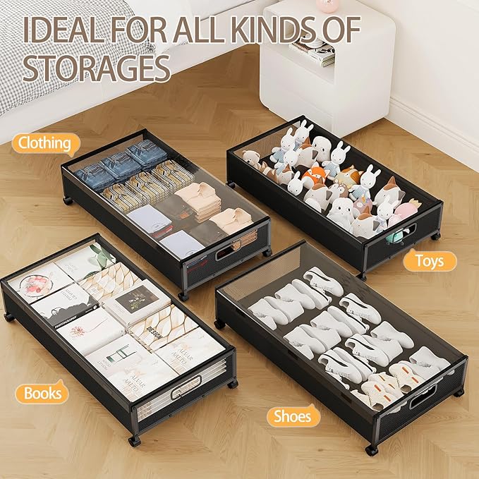 KITHELP Under Bed Storage Containers with Wheels, Underbed Shoe Storage Organizer with Removable Lids, Large Rolling Under Bed Storage Dresser Drawers for Clothes Toys Shoes Blankets