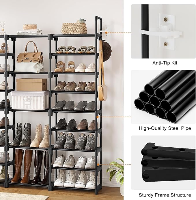 WOWLIVE 9 Tier 3-Column Shoe Rack, 50-55 Pairs Stackable Black | 50in long for larger entryways. Removable shelves fit tall boots. Split into multiple units for garage/closet.