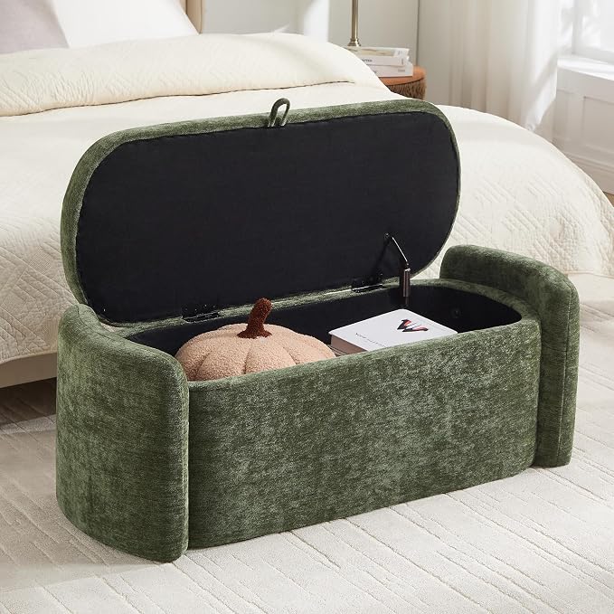 Oval Storage Ottoman Bench, 45" Upholstered Chenille End of Bed Storage Bench, Foot Rest Ottoman with Storage, Bedroom Living Room and Hallway,Green