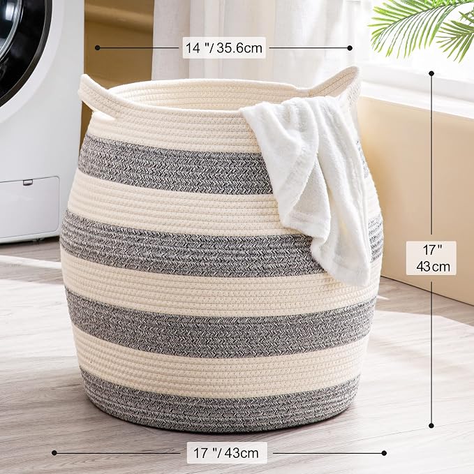 KAKAMAY Woven Baskets for Storage(17"x17"),Large Cotton Rope Basket Woven Baby Laundry Hamper,Collapsible Laundry Basket, Blanket Basket for Organizing Living Room,Nursery,Pillows,Toy Chest(Grey)
