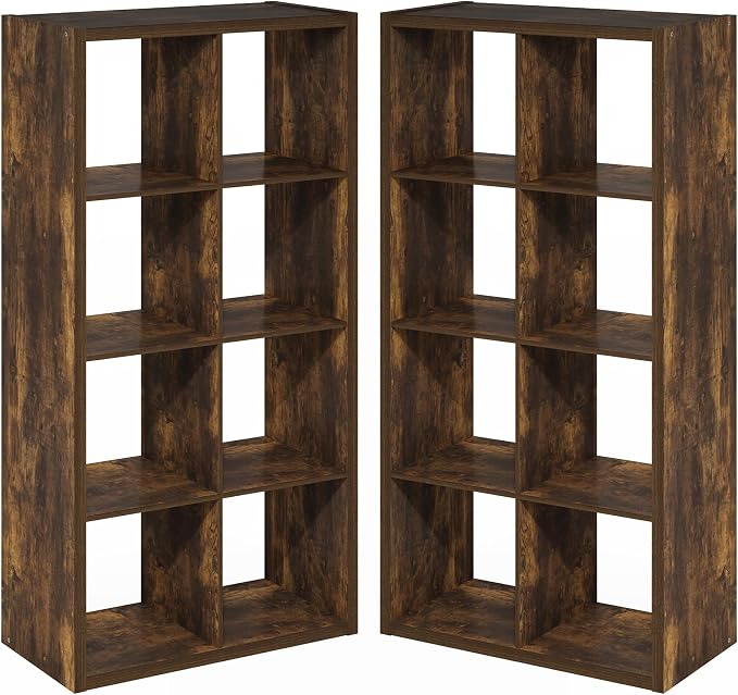 Furinno Cubicle Book Shelf Set of 2, 8-Cube Bookshelf, Amber Pine | 14.6 x 30 x 57.9, Thick Frame, Horizontal & Vertical Reversible Bookcase, Open Back, for Living Room, Bedroom, Home Office