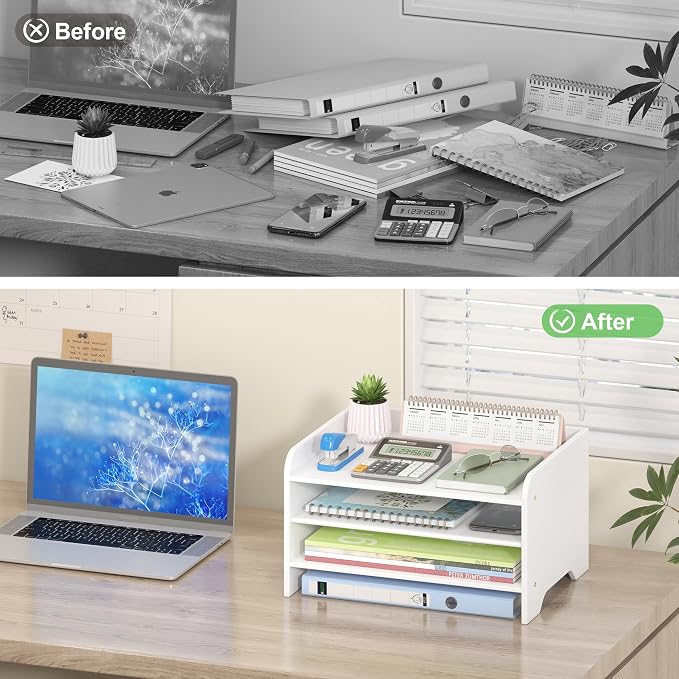 Bamboo File Organizer for Desk, Paper Tray with Pen Holder | Open tiers and a pen holder sort Letter/A4 paper, folders and office supplies while keeping your workspace clutter-free