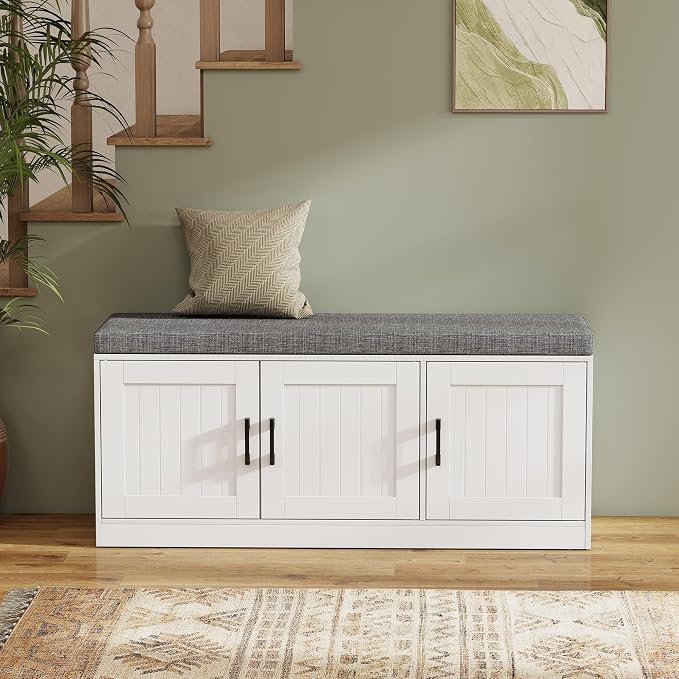 Turosur Shoe Storage Bench with Cabinet, 3-Tier Entryway Bench with Padded Seat Cushion, Shoe Cabinet Bench with 4 Adjustable Shelves for Bedroom, Mudroom, White