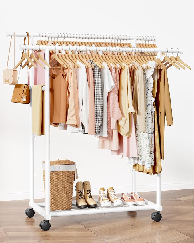 Sakugi Double Rods Clothes Rack - Metal Clothing Rack with Fixed Double Rods, Rolling Wheels & Built-In Shelf for Closet, Bedroom, Laundry Storage (39" x 17" x 60", White)