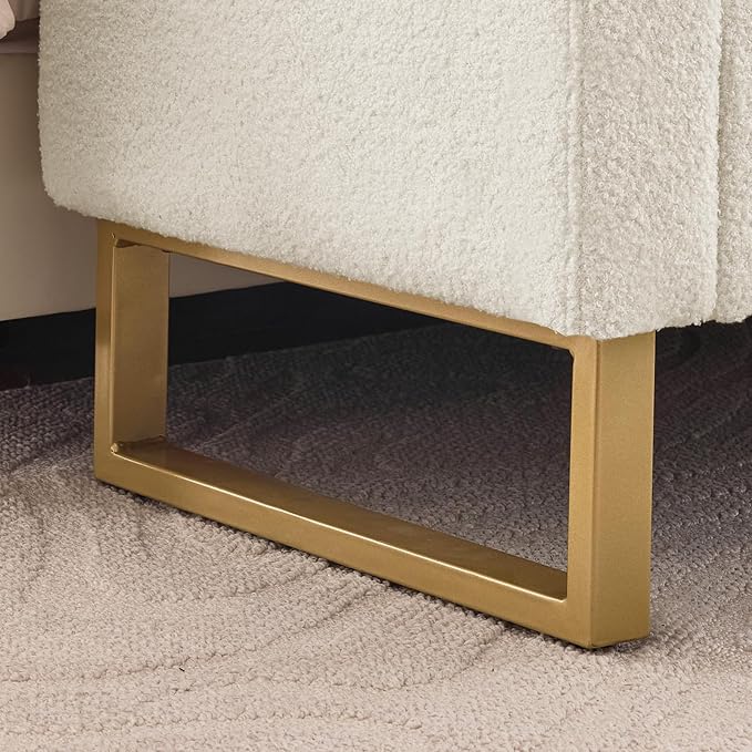 52" Storage Bench for Bedroom Upholstered End of Bed Bench Queen Size Ivory | Bedroom Benches for Foot of Bed Queen with Gold Legs,2 Pillows,Teddy Storage Ottoman Bench for Bedroom,Entryway,Cloakroom